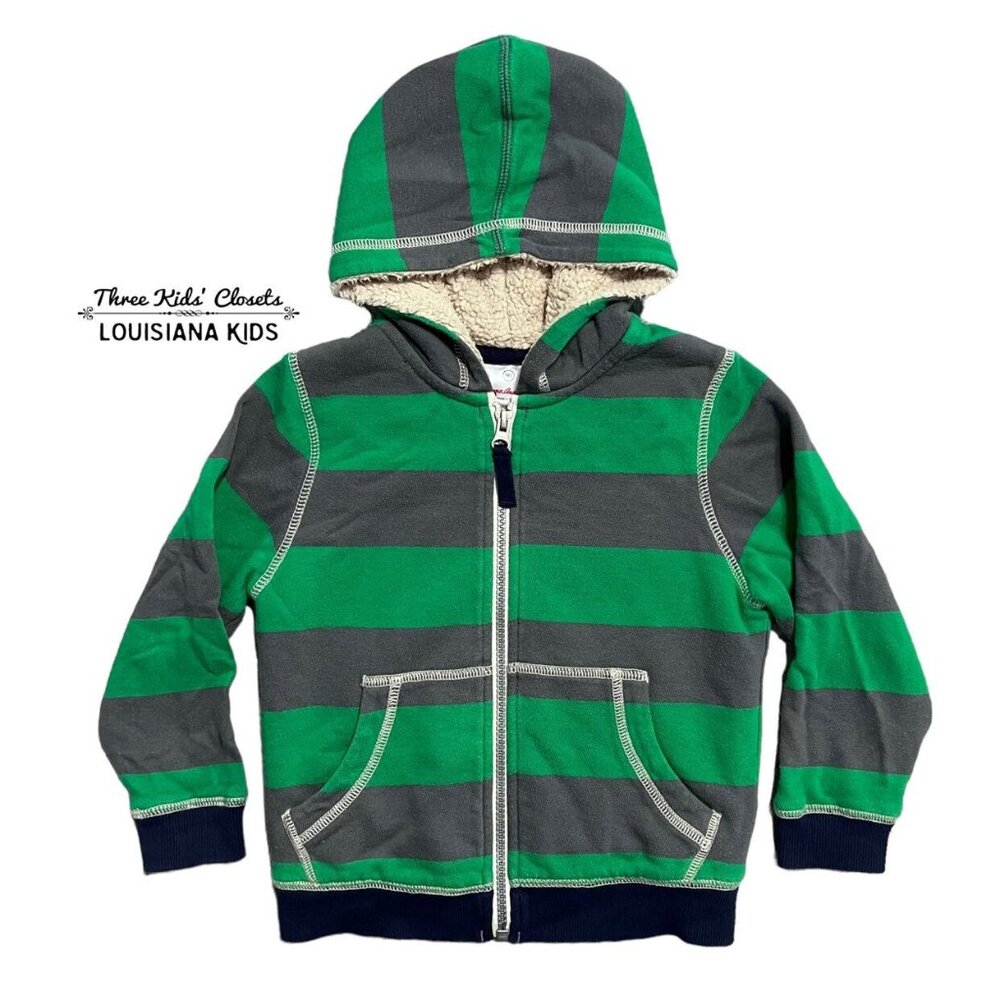 Hanna Andersson Sz 90 (3) Green & Grey Striped Sherpa Hoodie Sweatshirt